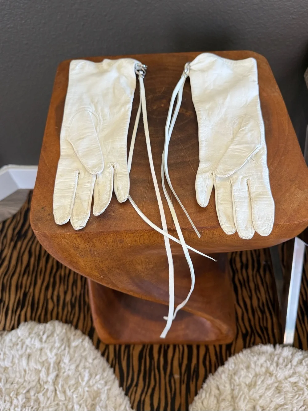 White Leather Gauntlet Gloves Silver piercings  & Leather Tassels Avant-Garde